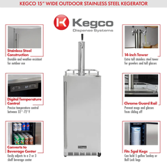 Kegco - 15" Outdoor Single Tap Stainless Steel Built-In Commercial Kegerator