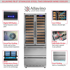 Allavino - 100 Bottle Stainless Steel French Doors Dual Zone Wine Refrigerator with Two Refrigerated Drawers