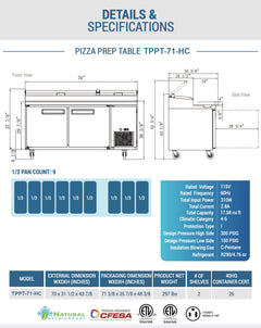 Chef AAA - TPPT-71-HC, Commercial 70" Pizza Prep Table Refrigerator 9 Pans 2 Door Stainless Steel 17.5 cu.ft.